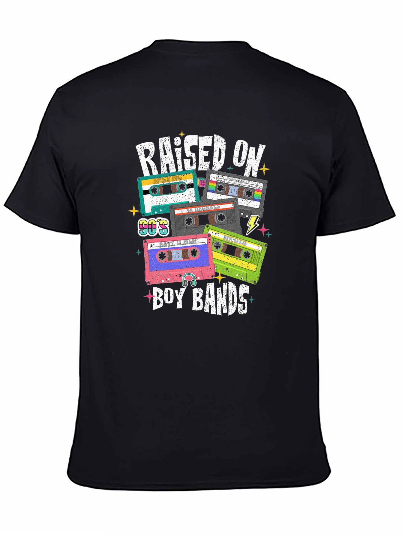 Black Raised on Boy Bands 90s Cassette Tape T-Shirt view 4