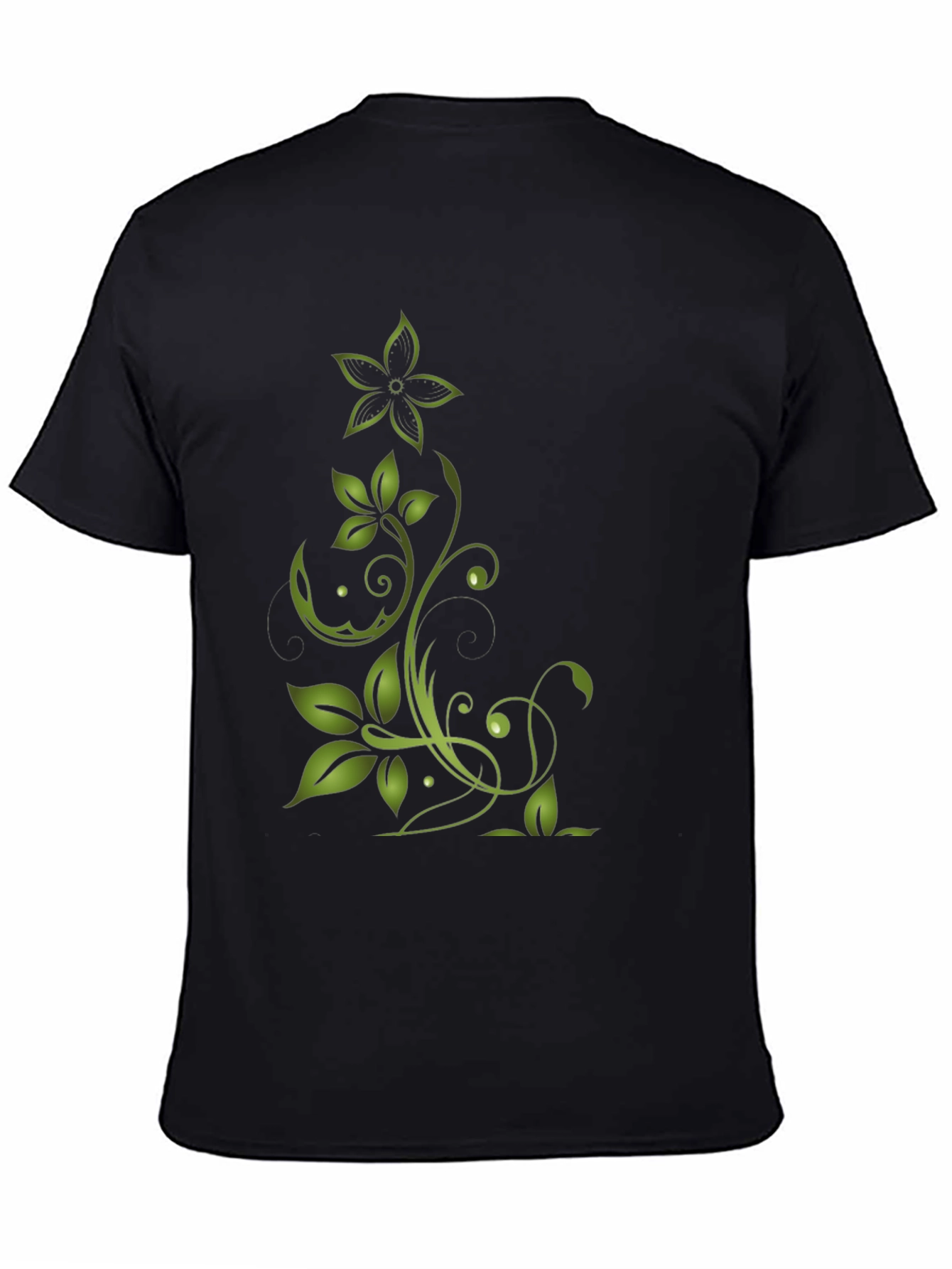 Black Green Floral Design Black T-Shirt view 4