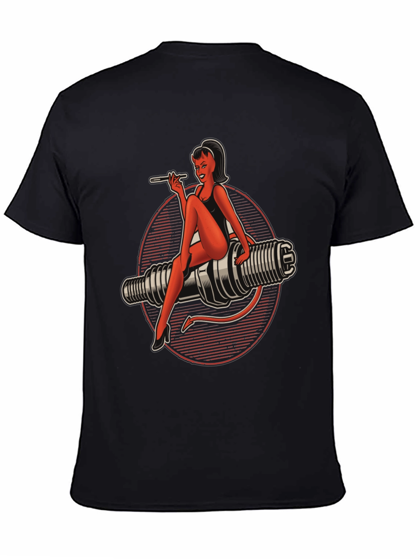 Black Devil Pin-Up Girl Spark Plug Graphic T-Shirt view 4