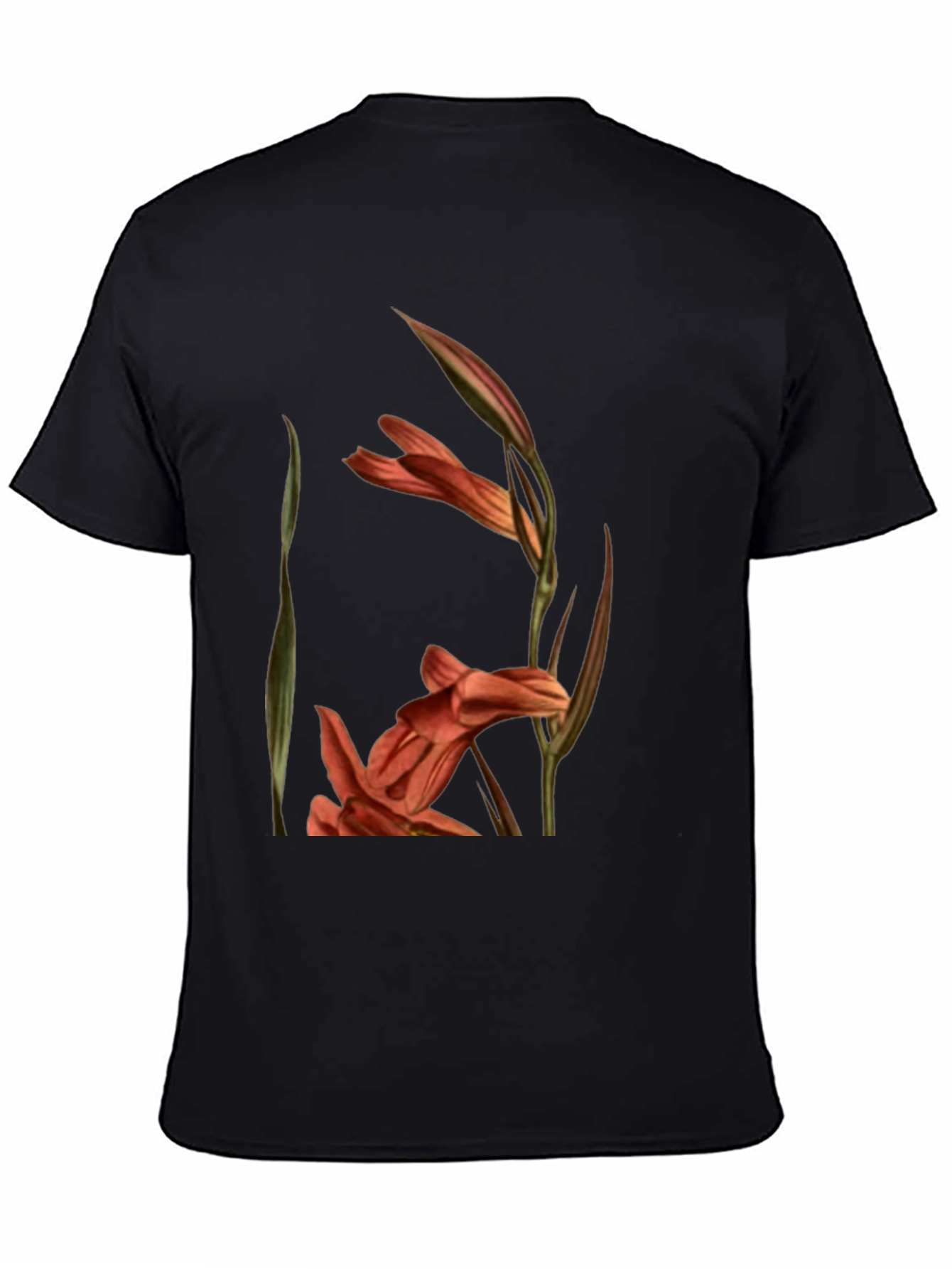 Black Floral Gladiolus Print Black T-Shirt view 4