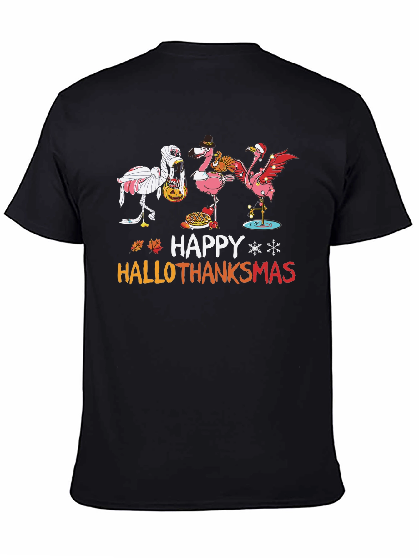 Black Happy Hallothanksmas Flamingo T-Shirt view 4