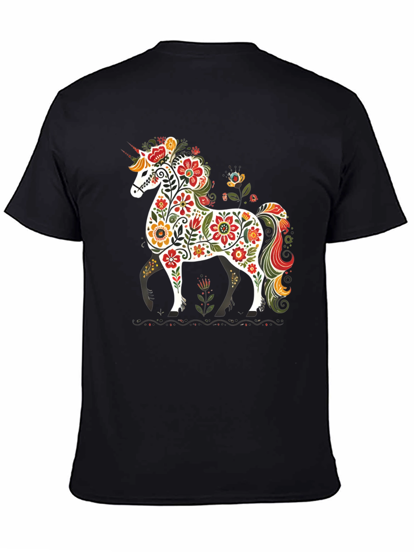 Black Floral Unicorn Graphic Tee - Black Unisex T-Shirt view 4