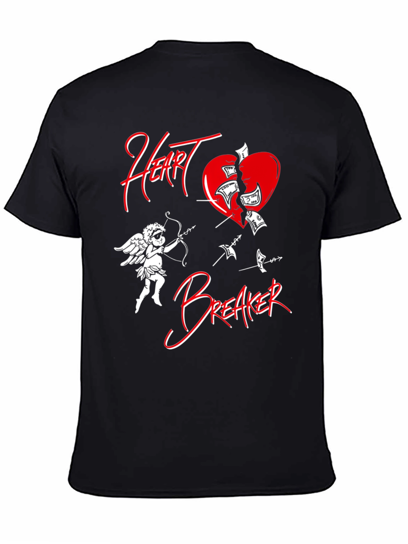 Black Heart Breaker T-Shirt with Cupid and Broken Heart Design view 4