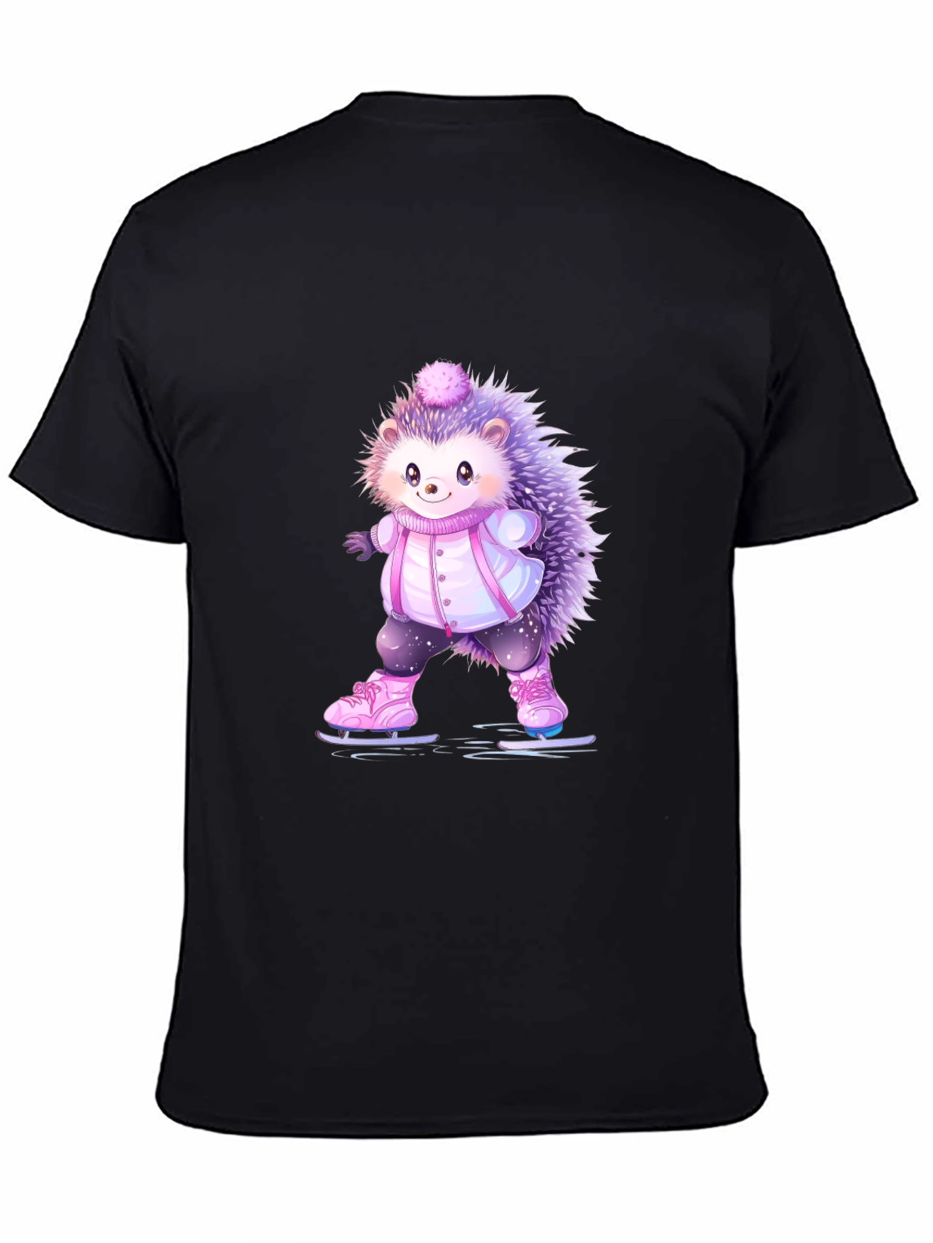 Black Cute Hedgehog Ice Skating T-Shirt view 4