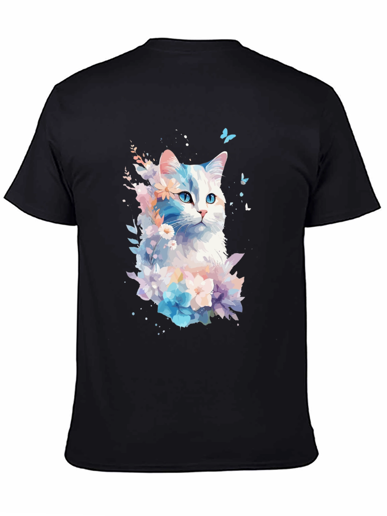 Black Floral Cat Graphic Black T-Shirt view 4