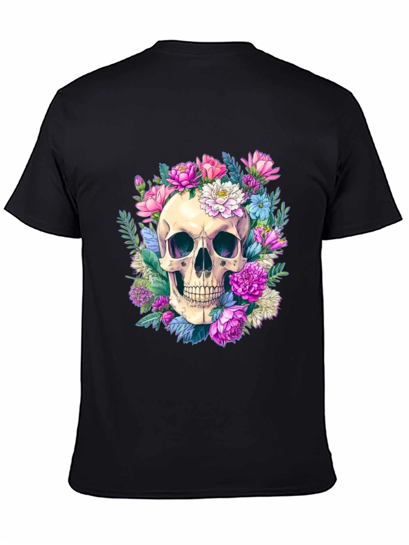 Black Floral Skull Graphic Tee - Men's Black T-Shirt view 4