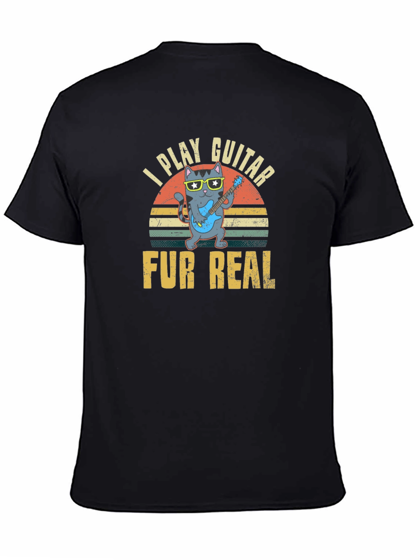 Black I Play Guitar Fur Real T-Shirt - Cool Cat Design view 4