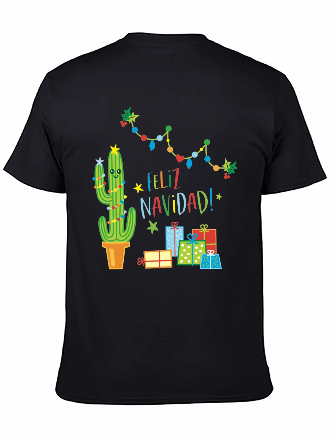 Black Feliz Navidad Cactus T-Shirt - Holiday Gift view 4