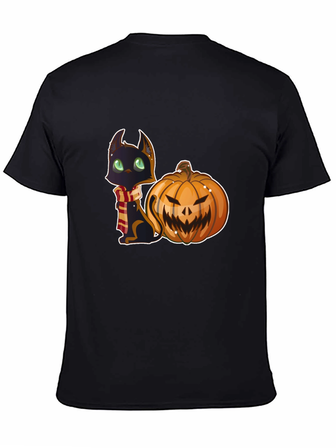 Black Halloween Cat & Pumpkin Black T-Shirt view 4