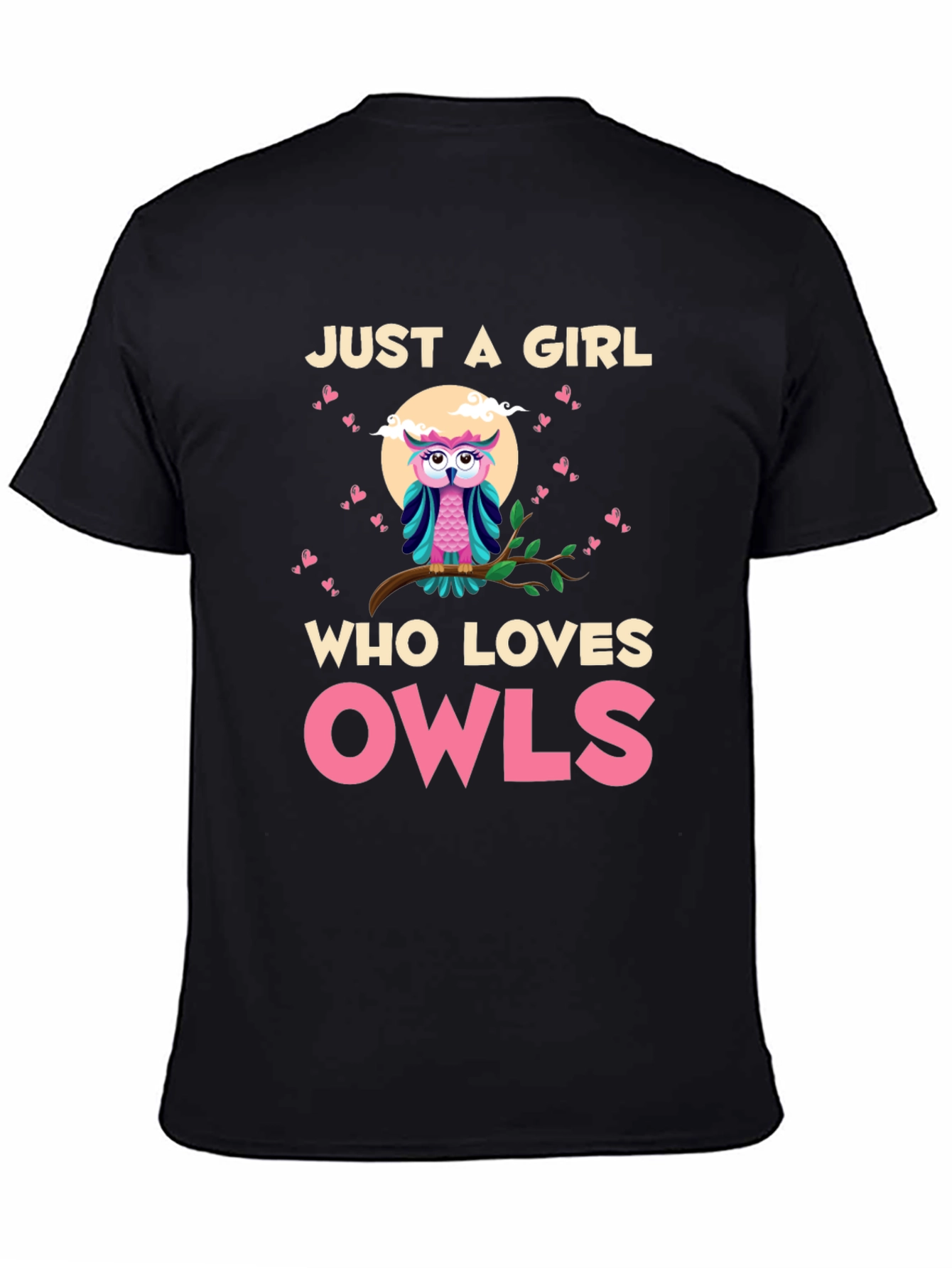 Black Just a Girl Who Loves Owls T-Shirt view 4