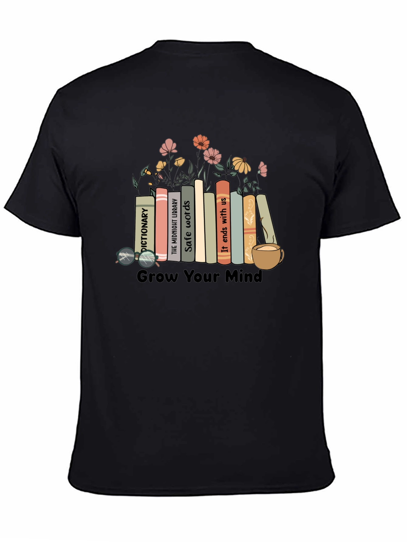 Black Grow Your Mind Bookshelf T-Shirt view 4