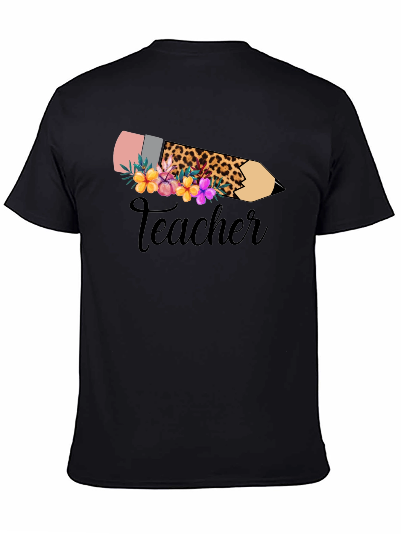 Black Floral Teacher Pencil Graphic Tee - Black view 4