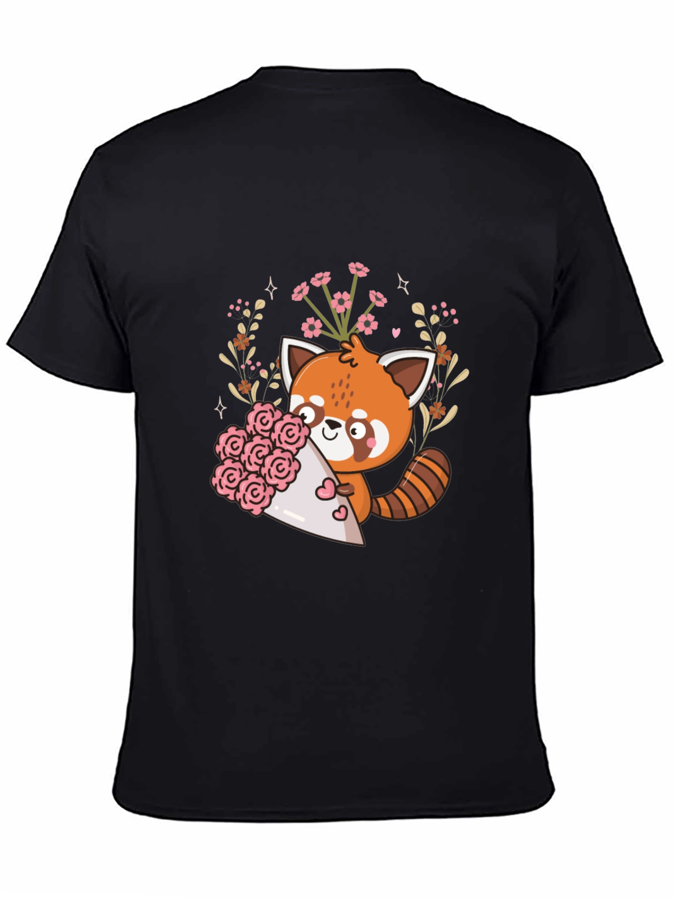 Black Cute Red Panda Floral Bouquet Graphic Tee view 4