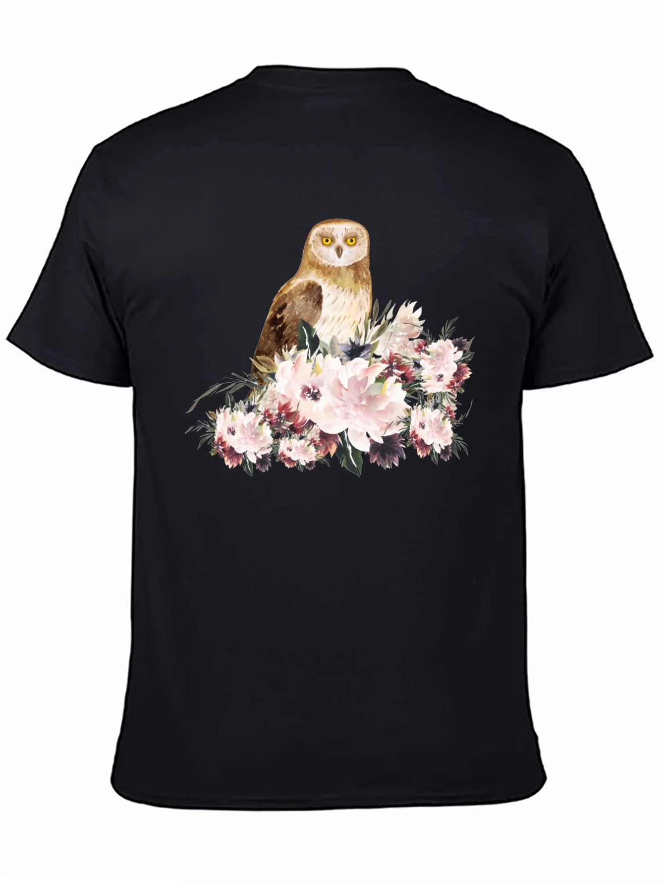 Black Owl and Floral Black T-Shirt view 4