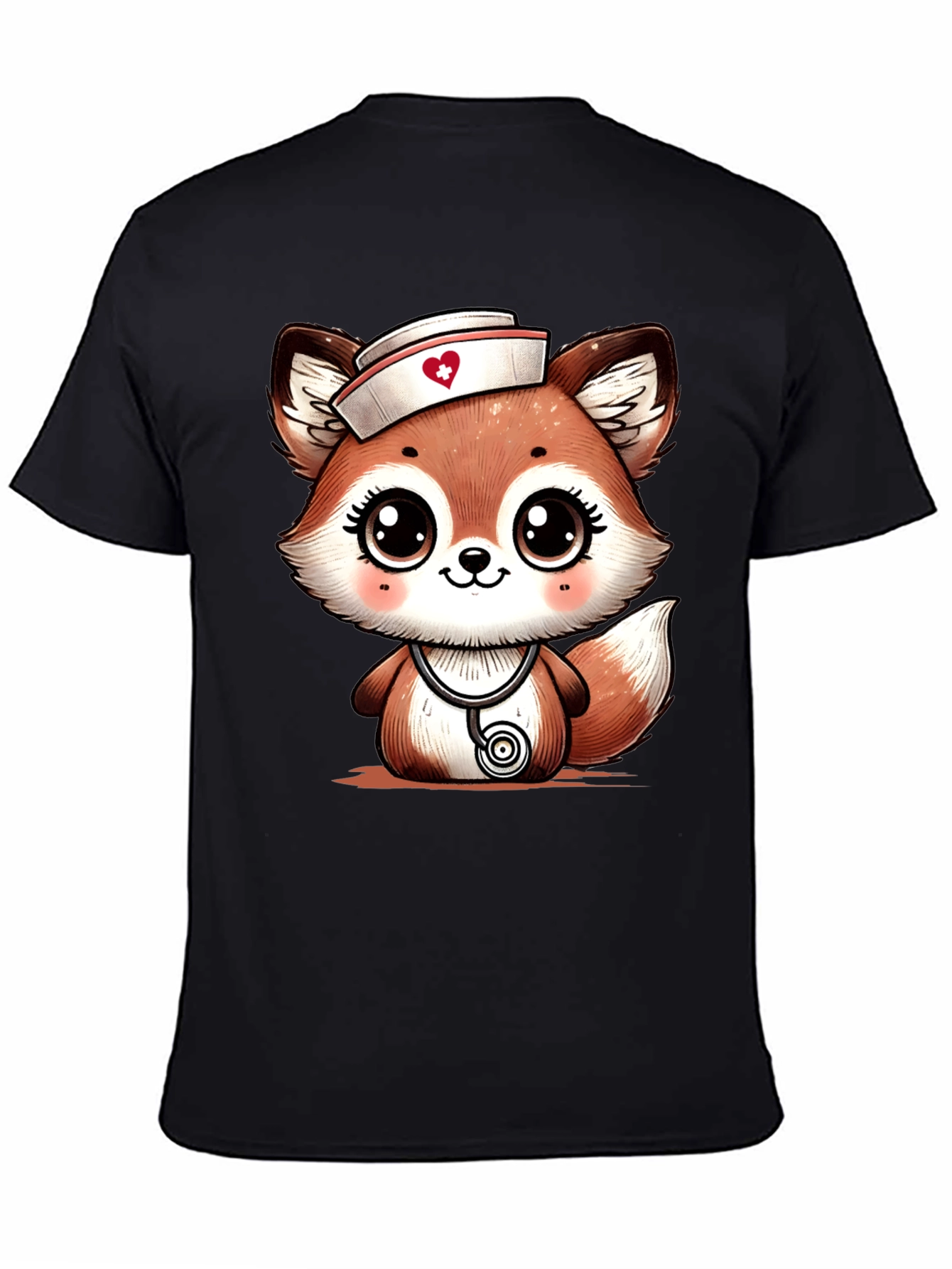 Black Cute Fox Nurse T-Shirt - Cartoon Animal Tee view 4