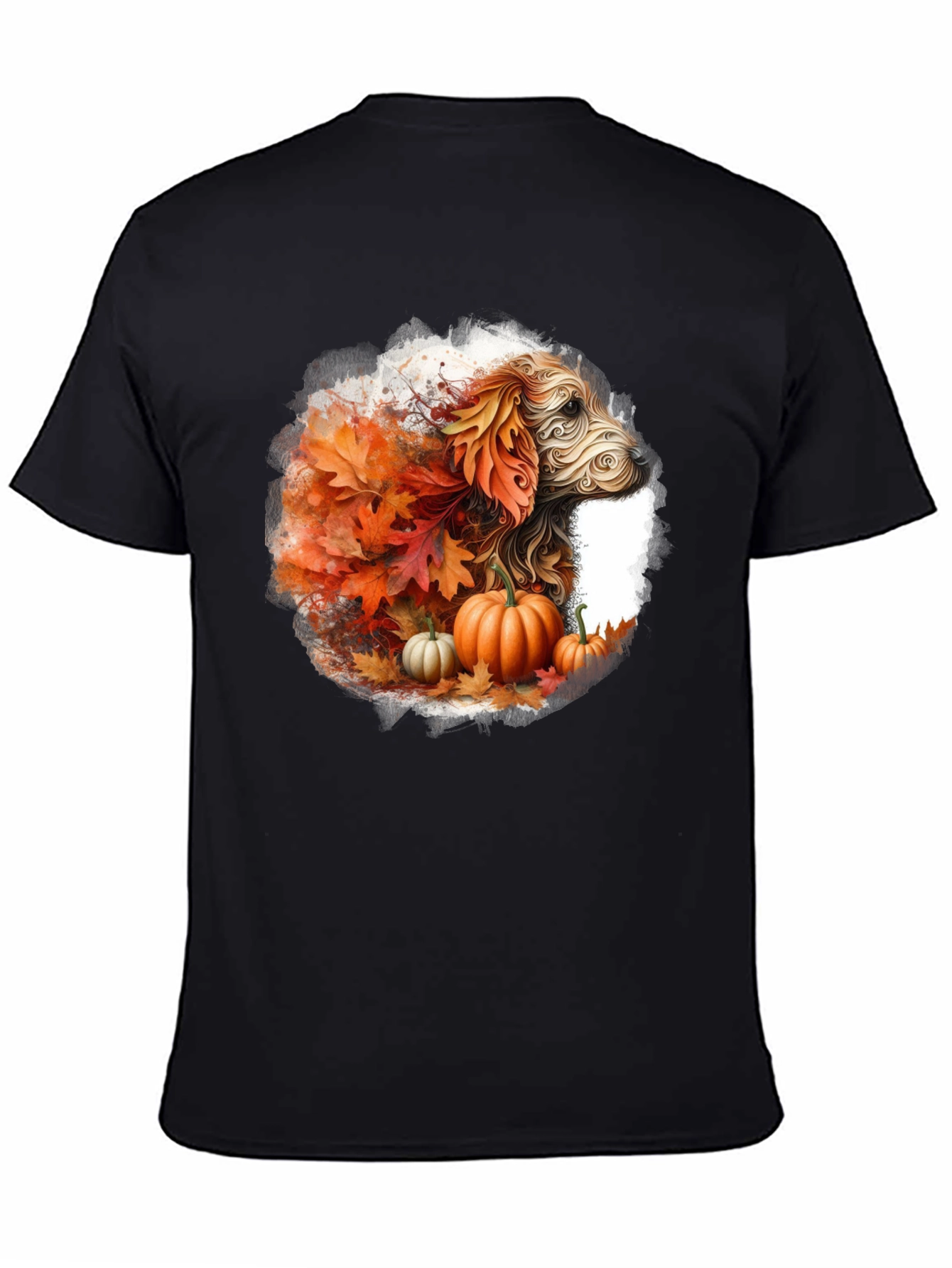 Black Fall Dog T-Shirt: Autumn Leaves & Pumpkin Design view 4