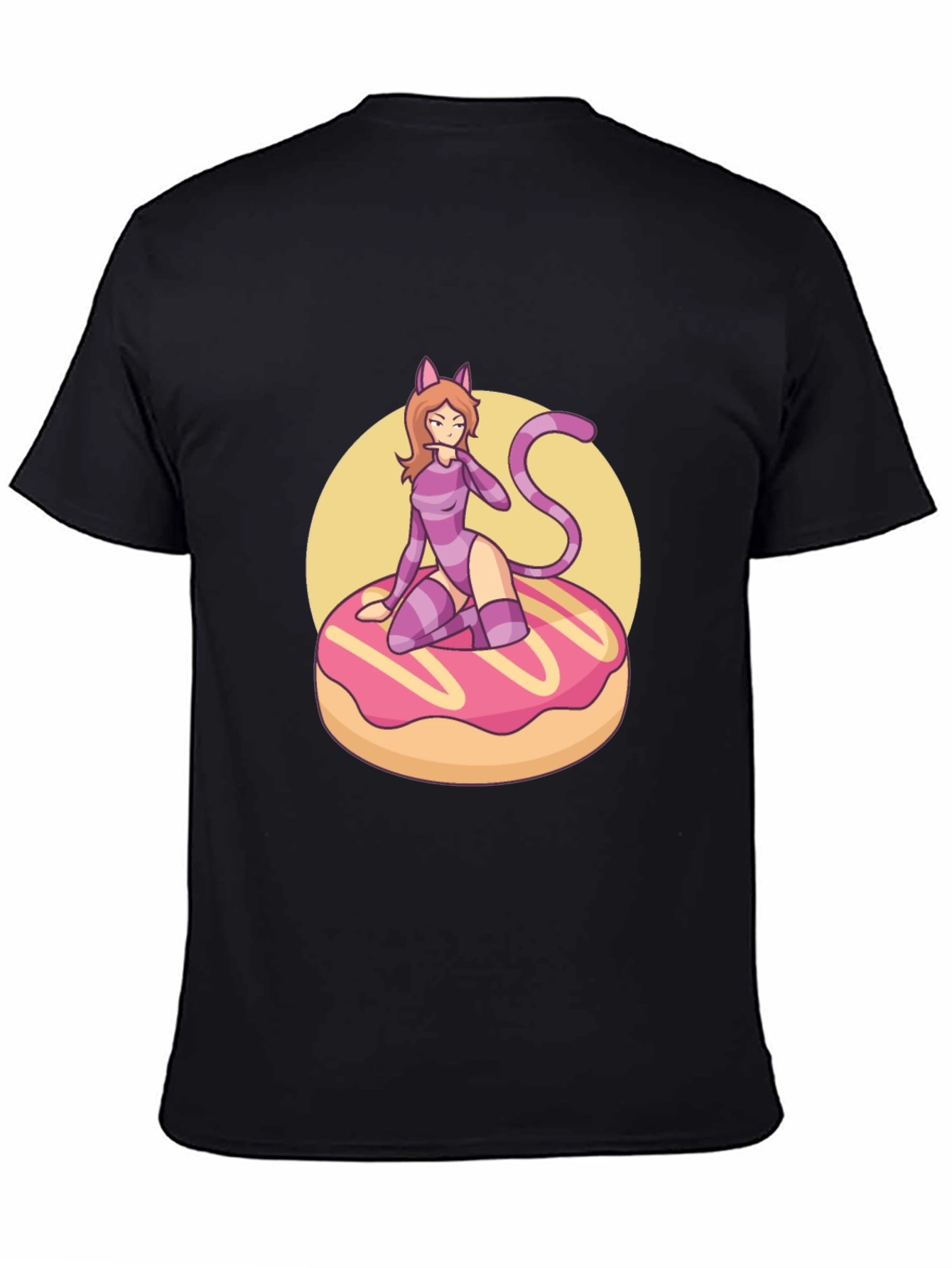 Black Black T-Shirt with Cat Girl on Donut Design view 4