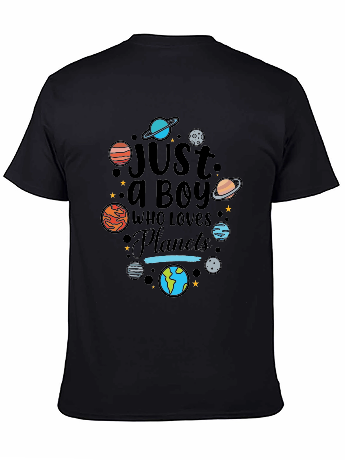Black Just a Boy Who Loves Planets Graphic T-Shirt view 4