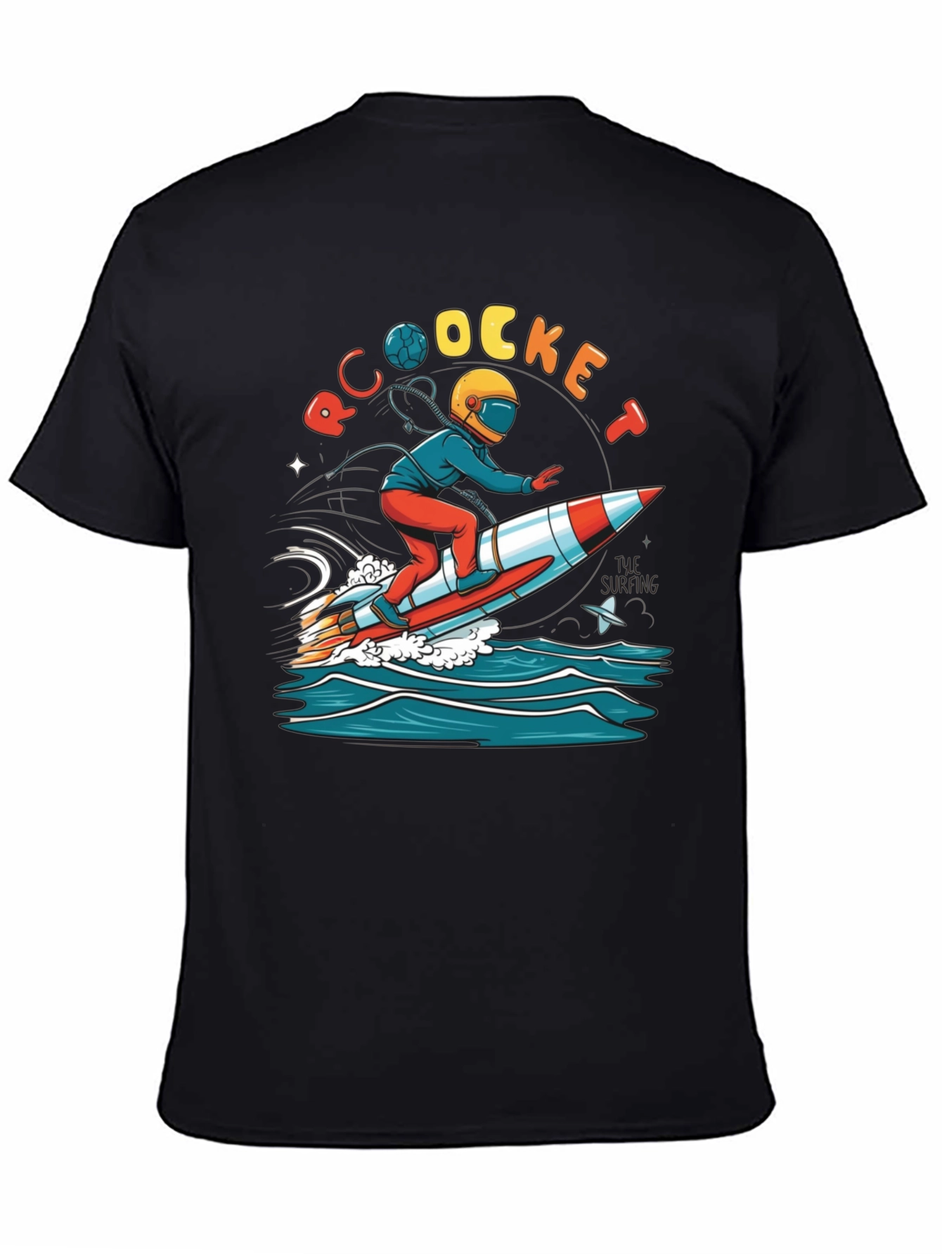 Black Rocket Surfing T-Shirt - Unique Graphic Tee view 4