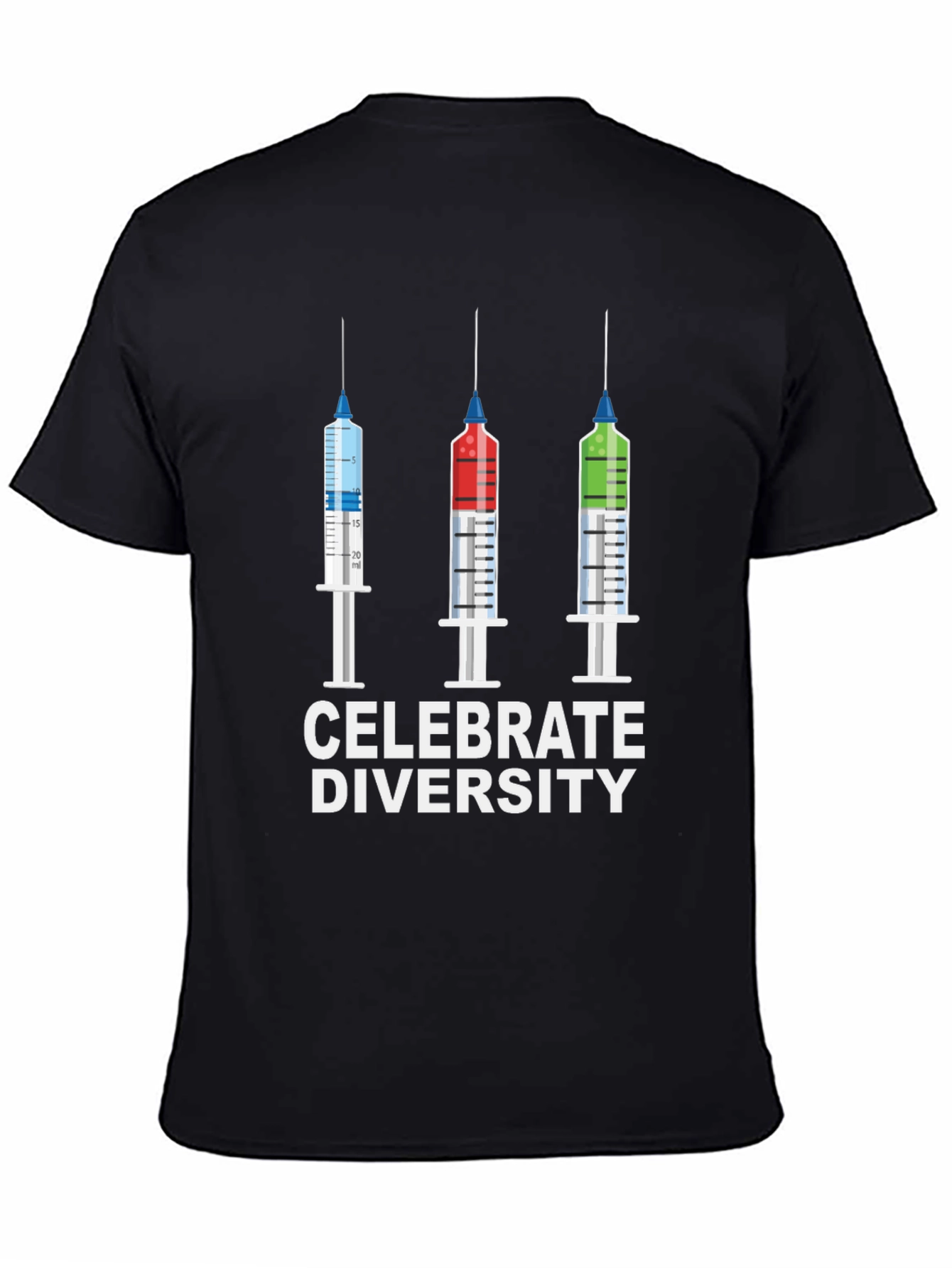 Black Celebrate Diversity T-Shirt - Colorful Syringe Design view 4