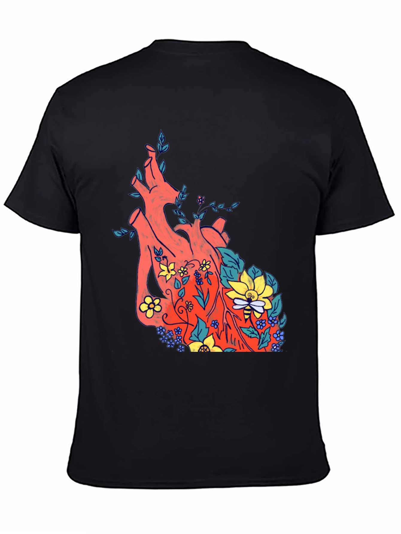 Black Floral Heart Print Black T-Shirt view 4