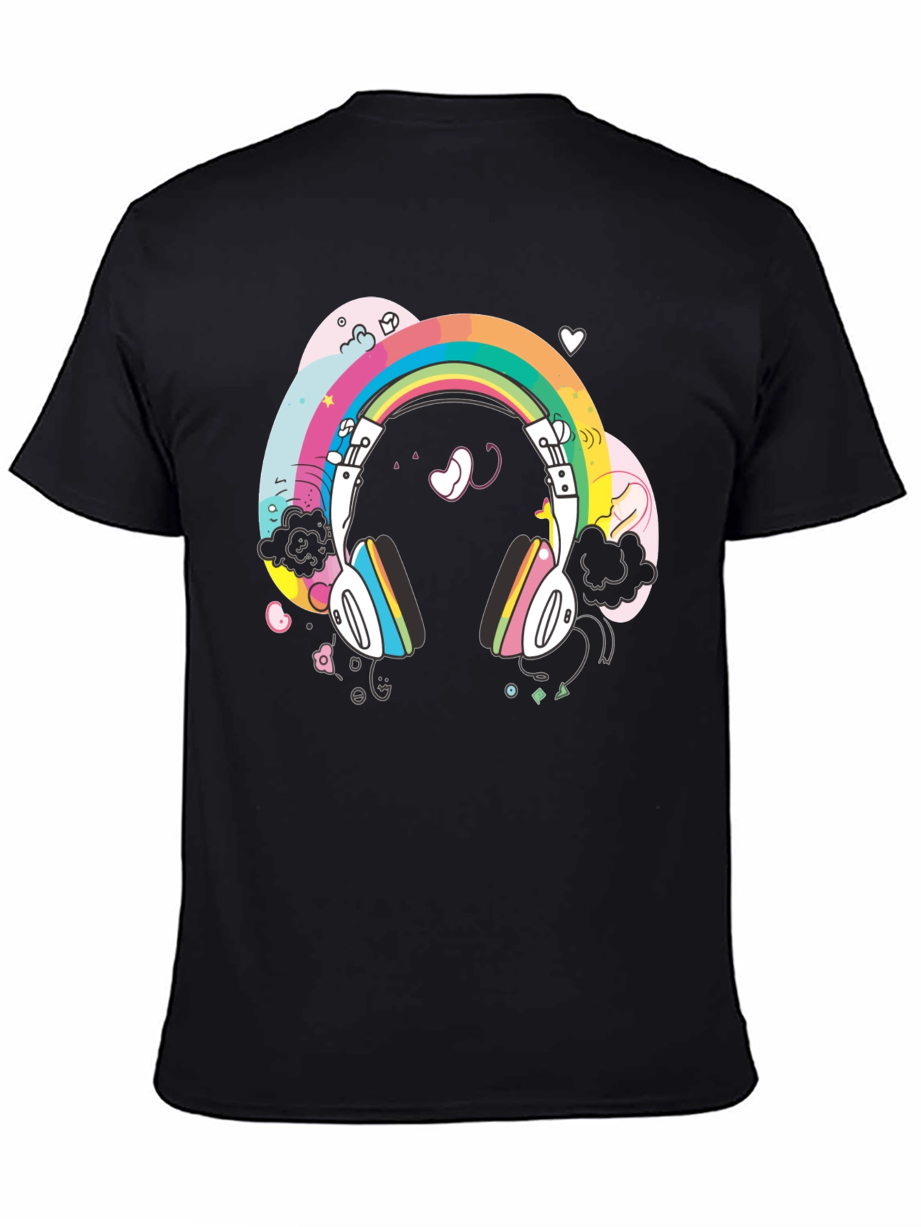Black Rainbow Headphones Graphic Tee - Black Cotton T-Shirt view 4
