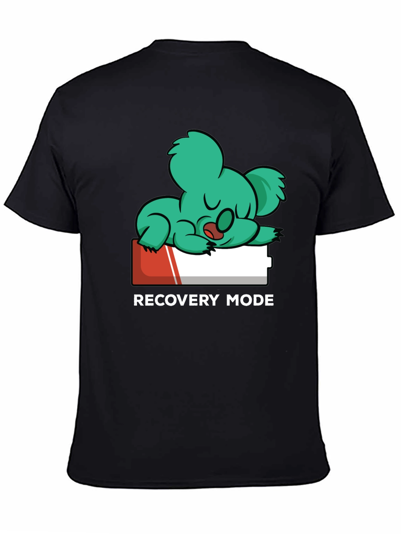 Black Recovery Mode T-Shirt: Sleepy Koala on Low Battery view 4
