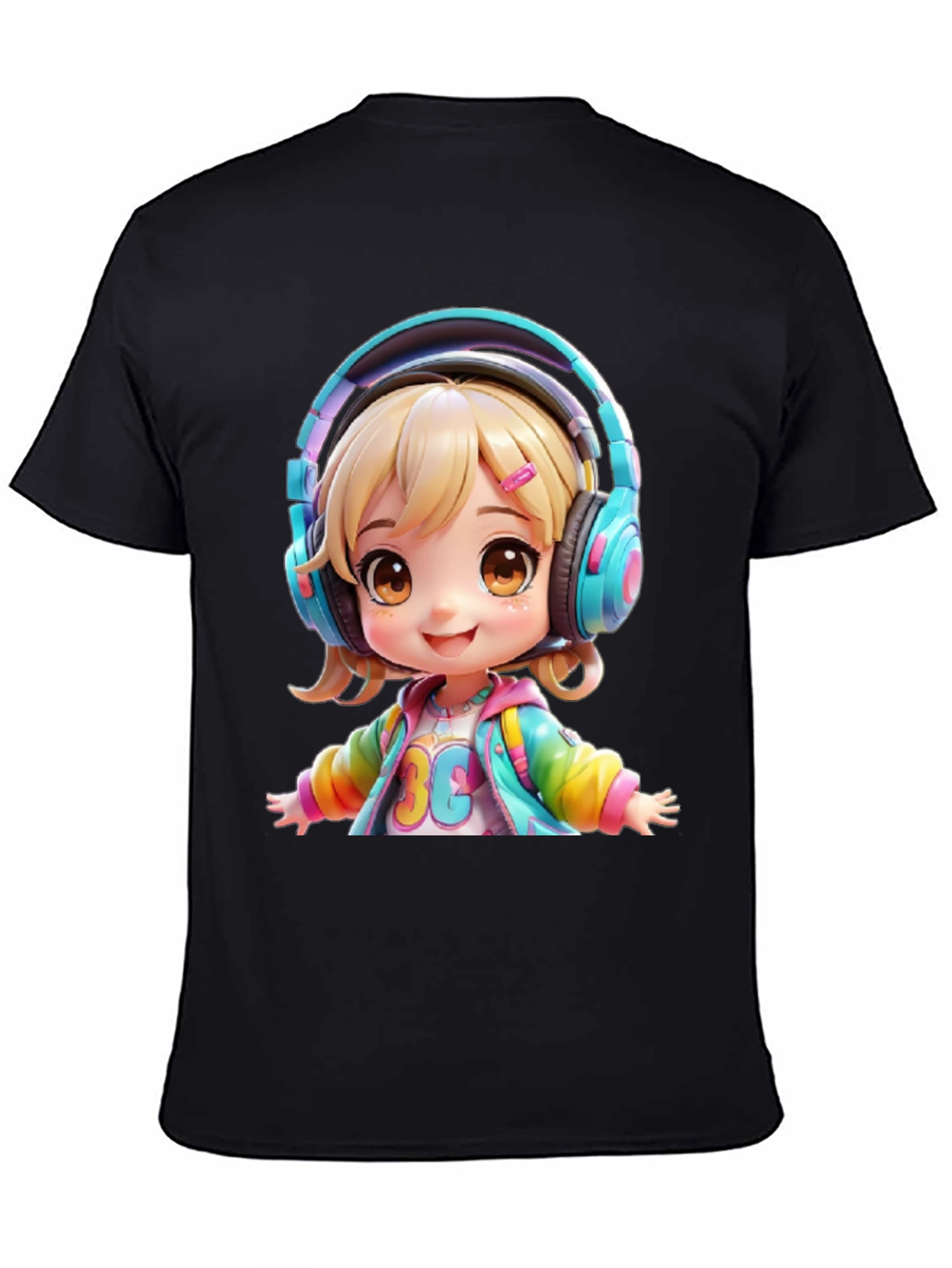 Black Anime Girl with Headphones Graphic T-Shirt view 4