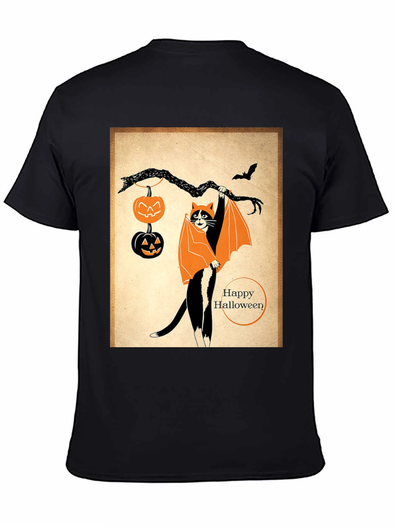 Black Halloween Cat T-Shirt Bat Costume Pumpkins view 4