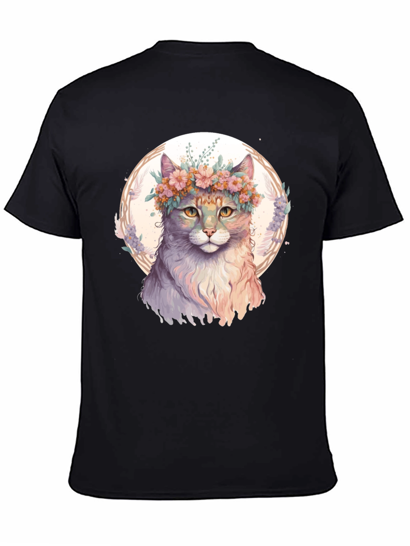 Black Cat Flower Crown Graphic Black T-Shirt view 4
