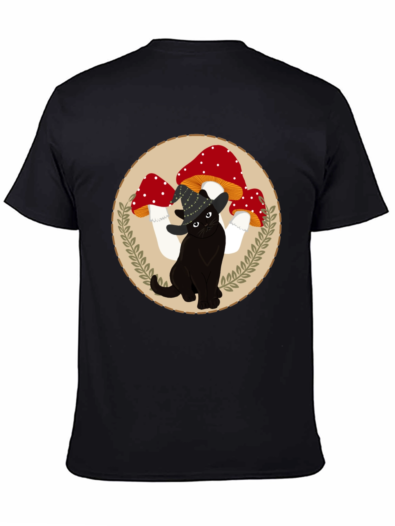 Black Black Cat & Mushroom T-Shirt - Whimsical Graphic Tee view 4