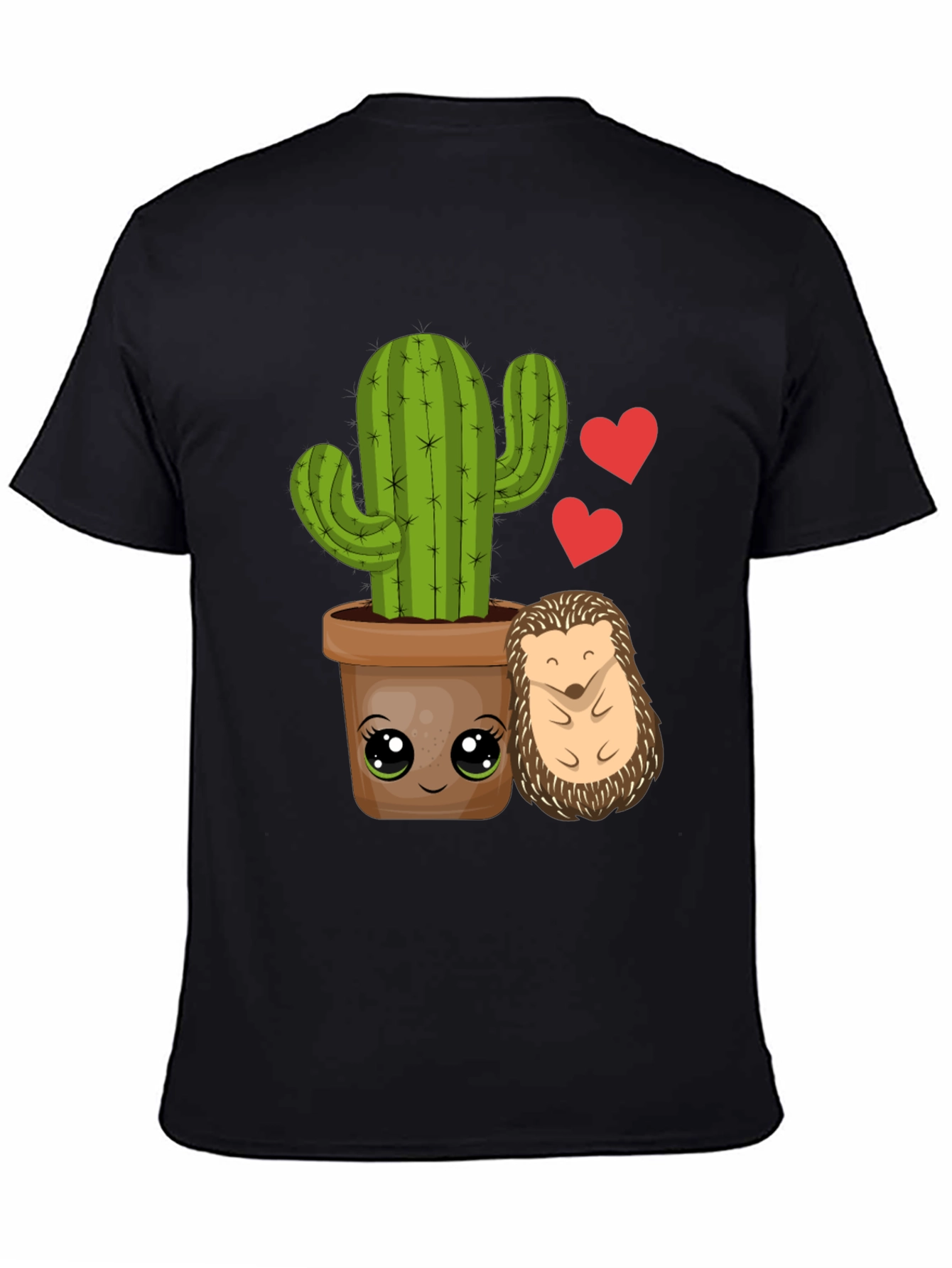 Black Cute Cactus & Hedgehog T-Shirt view 4
