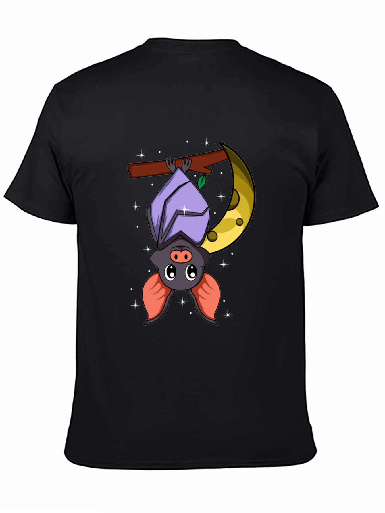 Black Cute Bat on Moon Graphic Tee - Black Cotton T-Shirt view 4