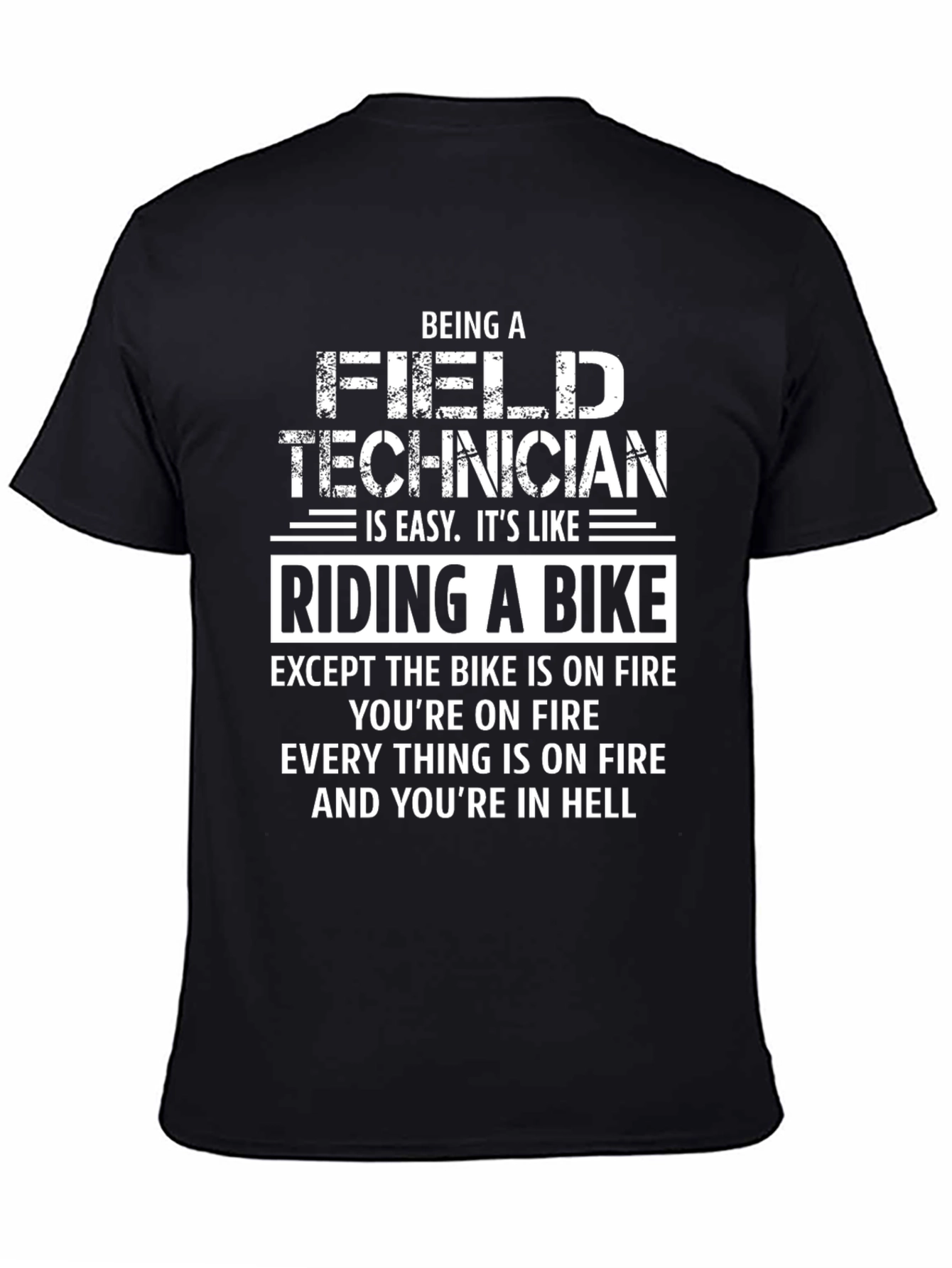 Black Funny Field Technician T-Shirt: Riding a Bike in Hell view 4