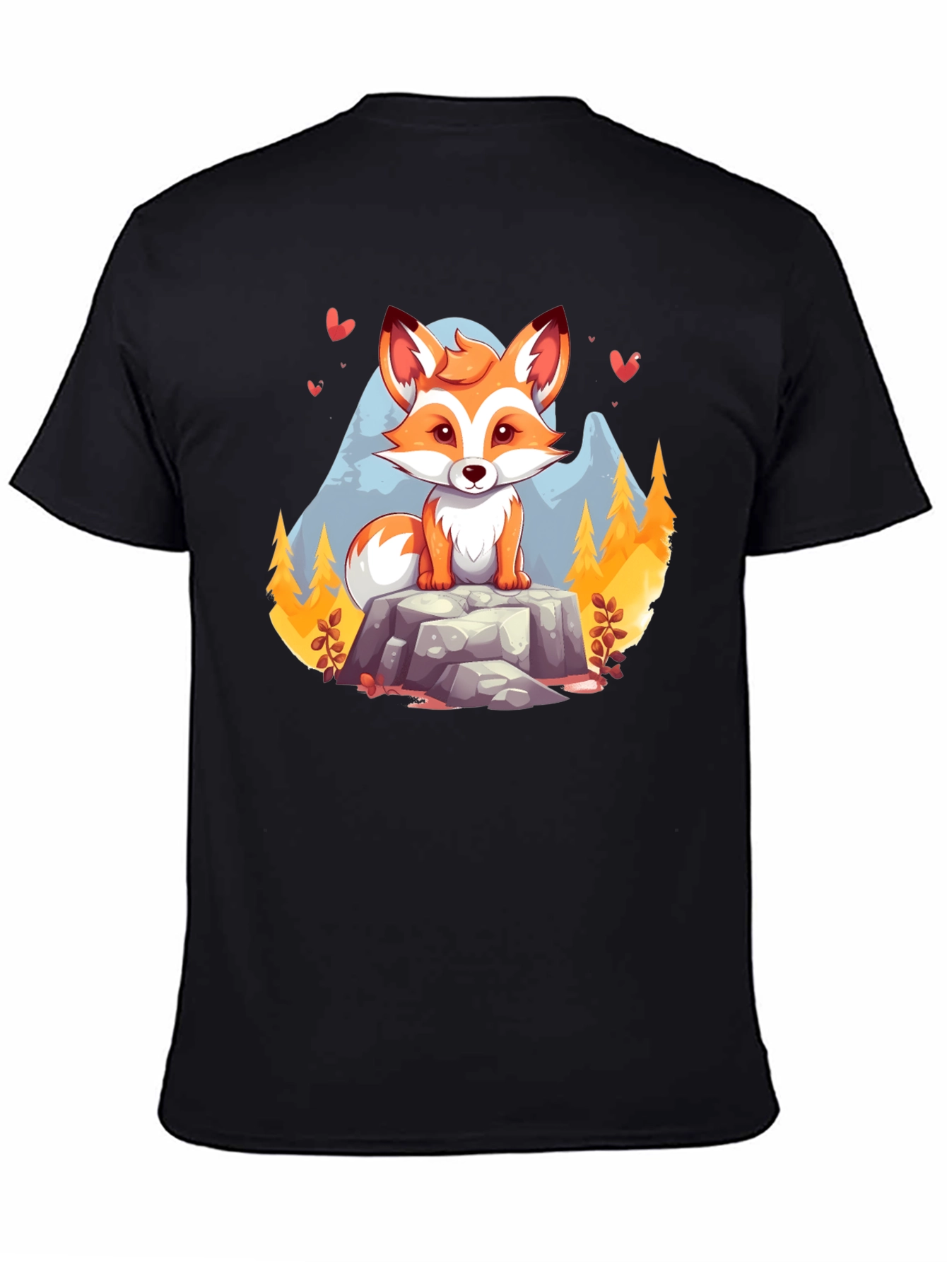 Black Cute Cartoon Fox on Rock Graphic Tee - Unisex Black T-Shirt view 4
