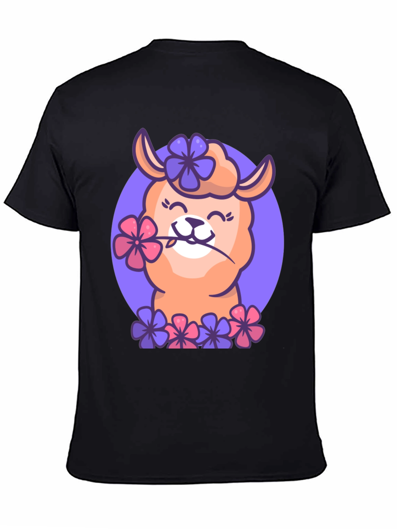 Black Llama Flower Power T-Shirt - Cute Cartoon Design view 4