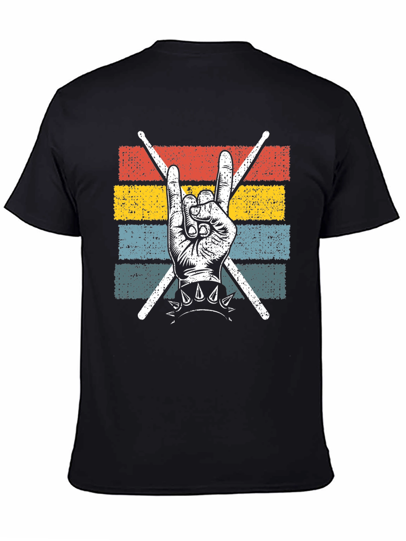 Black Retro Rock Hand & Drumsticks T-Shirt view 4