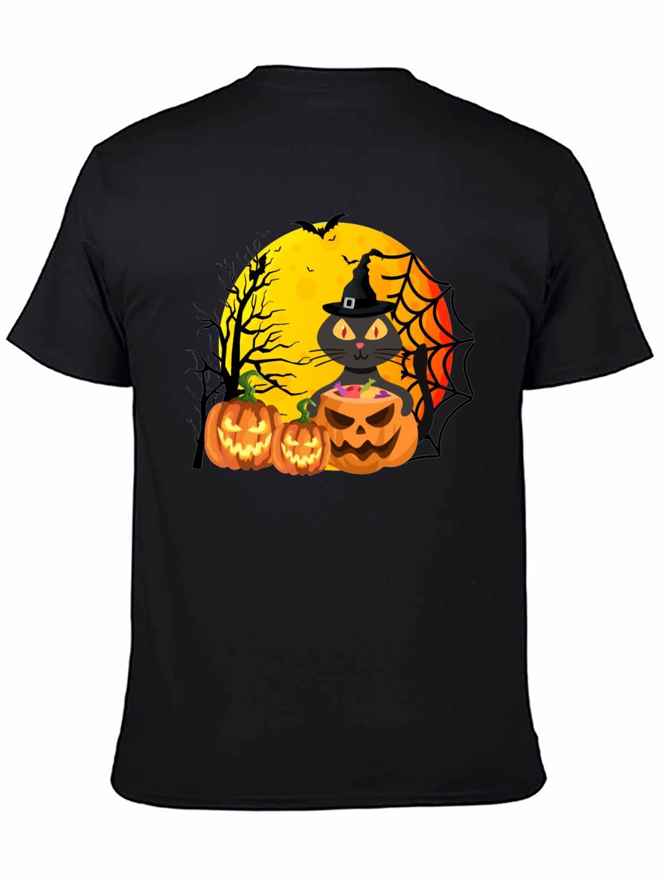 Black Halloween Cat & Pumpkins Black T-Shirt view 4