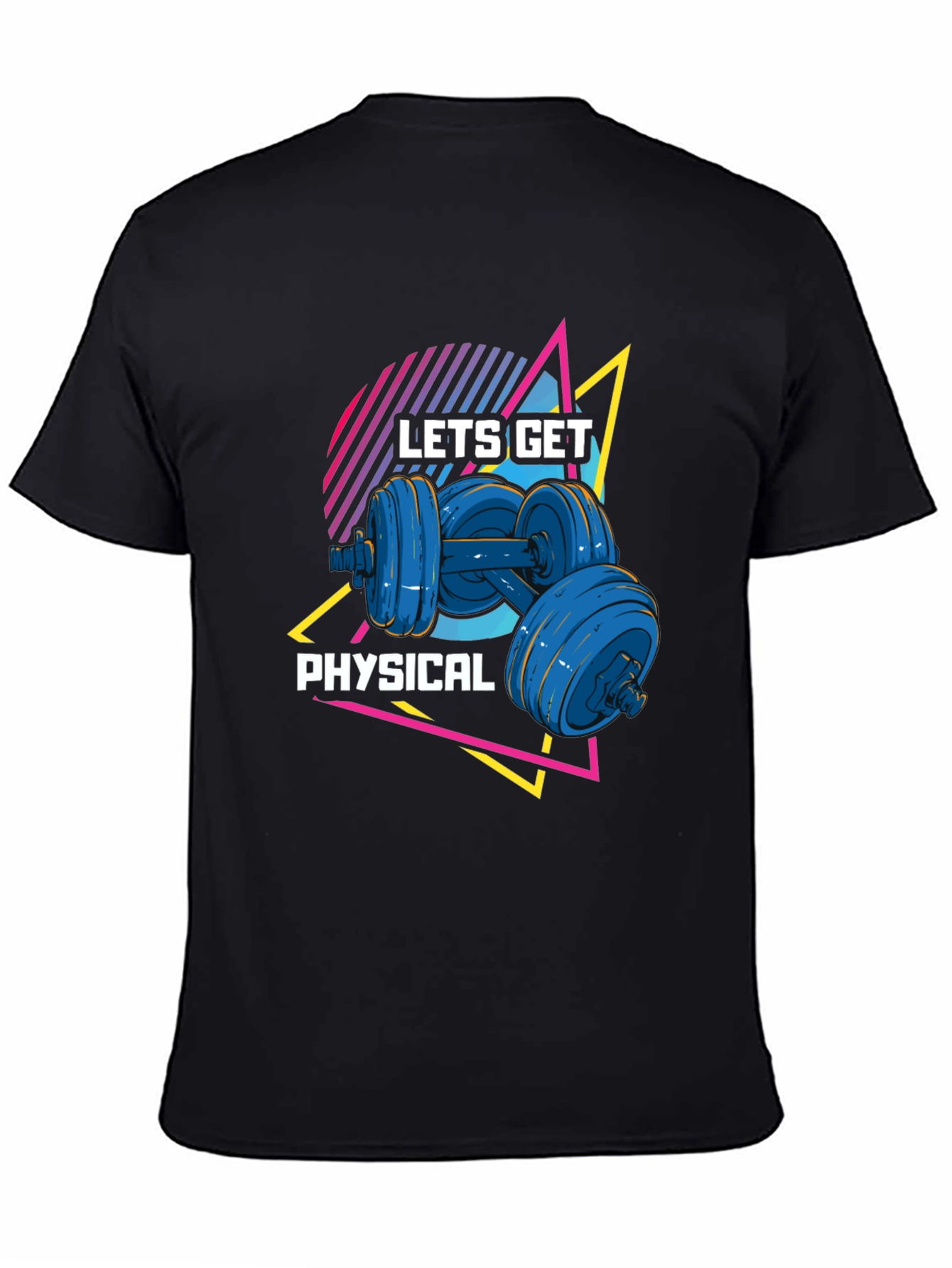 Black Lets Get Physical Black T-Shirt Retro Dumbbell Design view 4