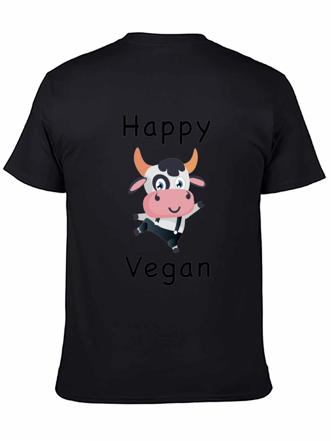 Black Happy Vegan Cartoon Cow Black T-Shirt view 4