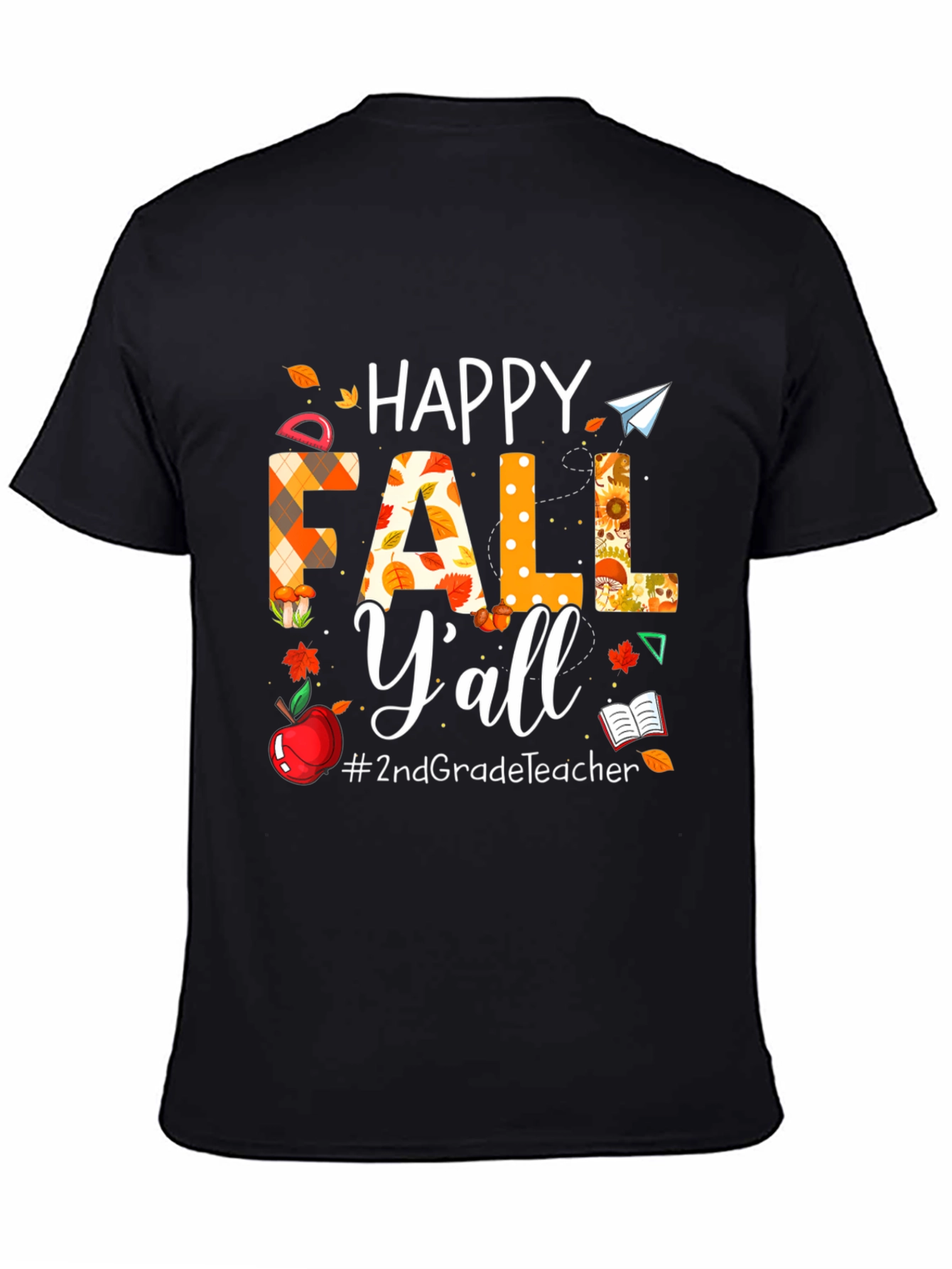 Black Happy Fall Y'all Teacher T-Shirt view 4