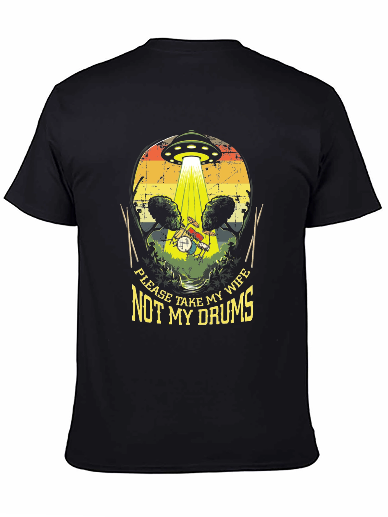 Black Funny UFO Abduction Drummer T-Shirt view 4