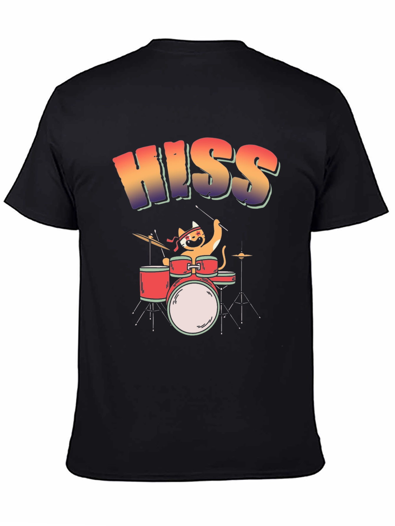 Black HISS Cat Drummer T-Shirt - Rock On! view 4