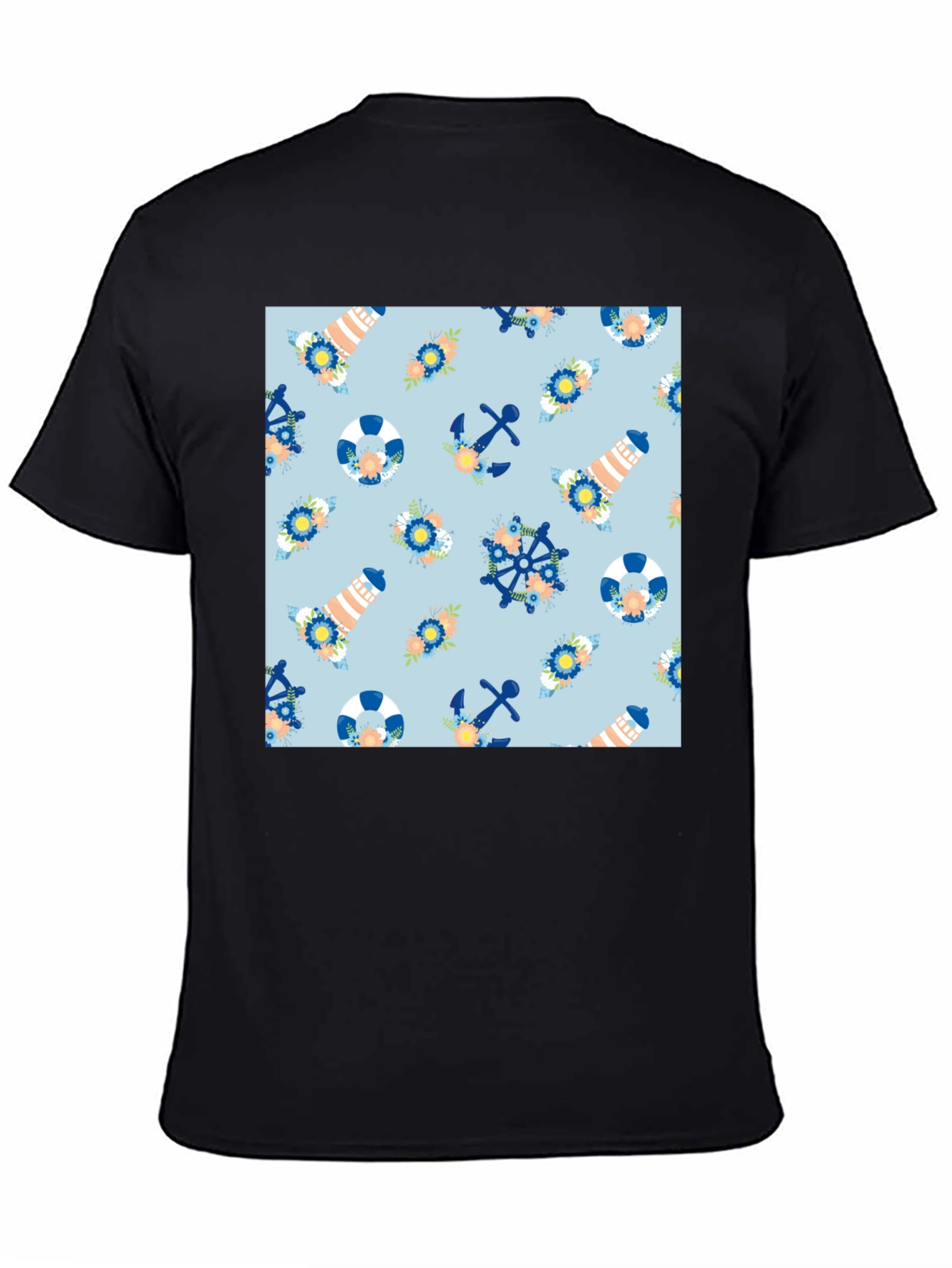 Black Nautical Pattern Black T-Shirt view 4