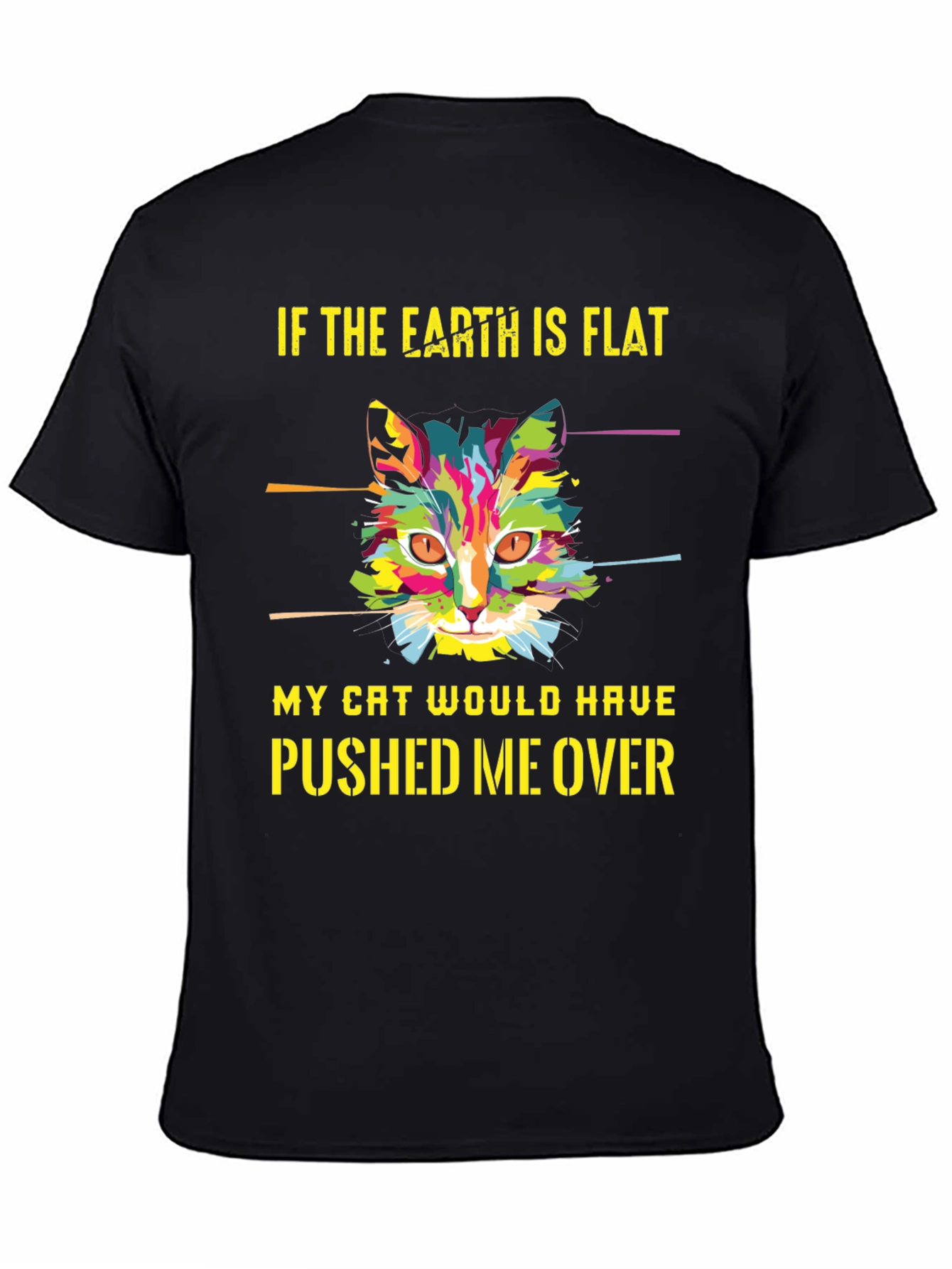 Black Flat Earth Cat T-Shirt - Funny Graphic Tee view 4
