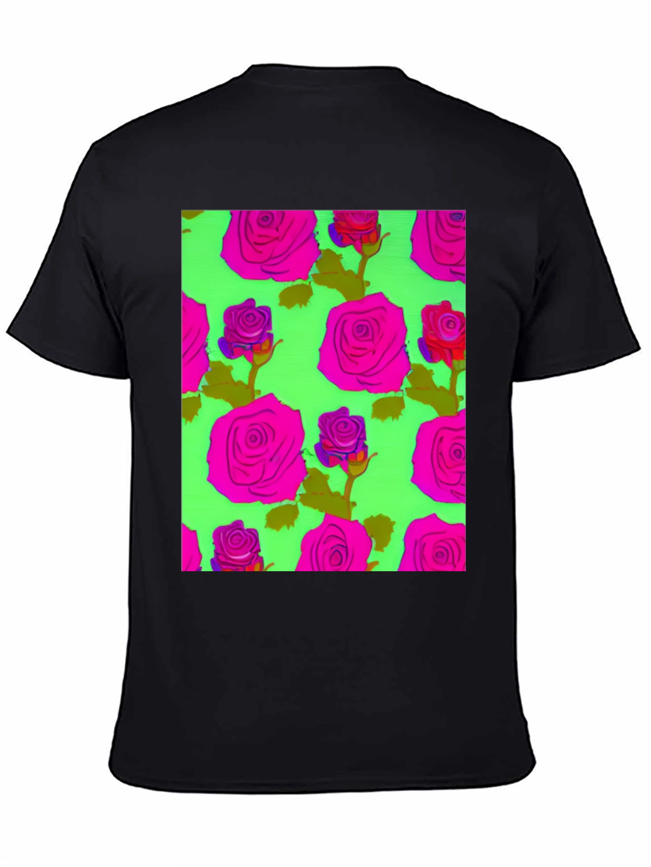 Black Vibrant Floral Rose Pattern Tee - Trendy Graphic T-Shirt view 4