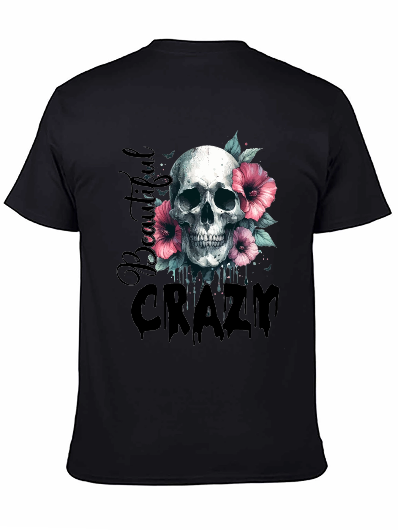 Black Skull & Flowers Graphic Tee - Beautiful Crazy Design view 4