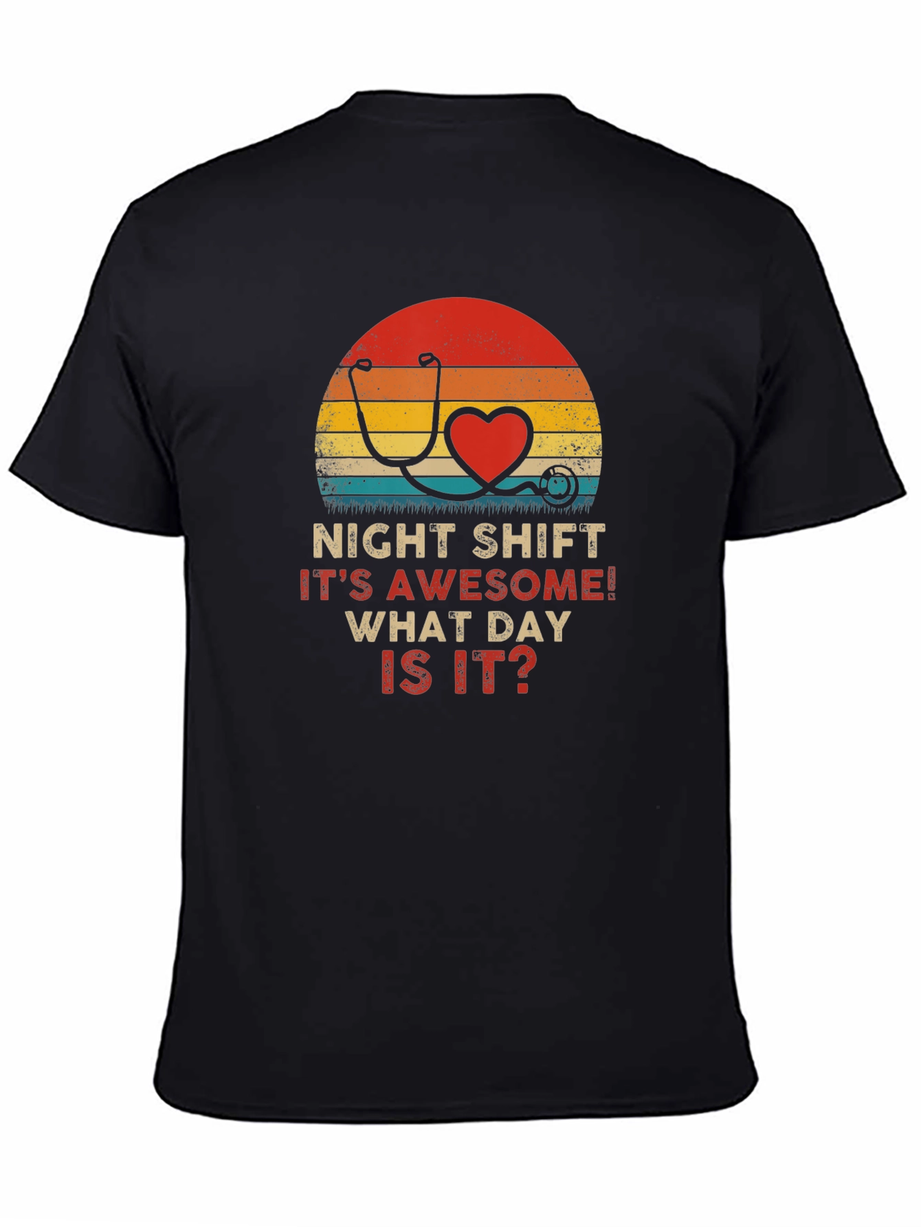 Black Night Shift Nurse Stethoscope Heart Retro T-Shirt view 4