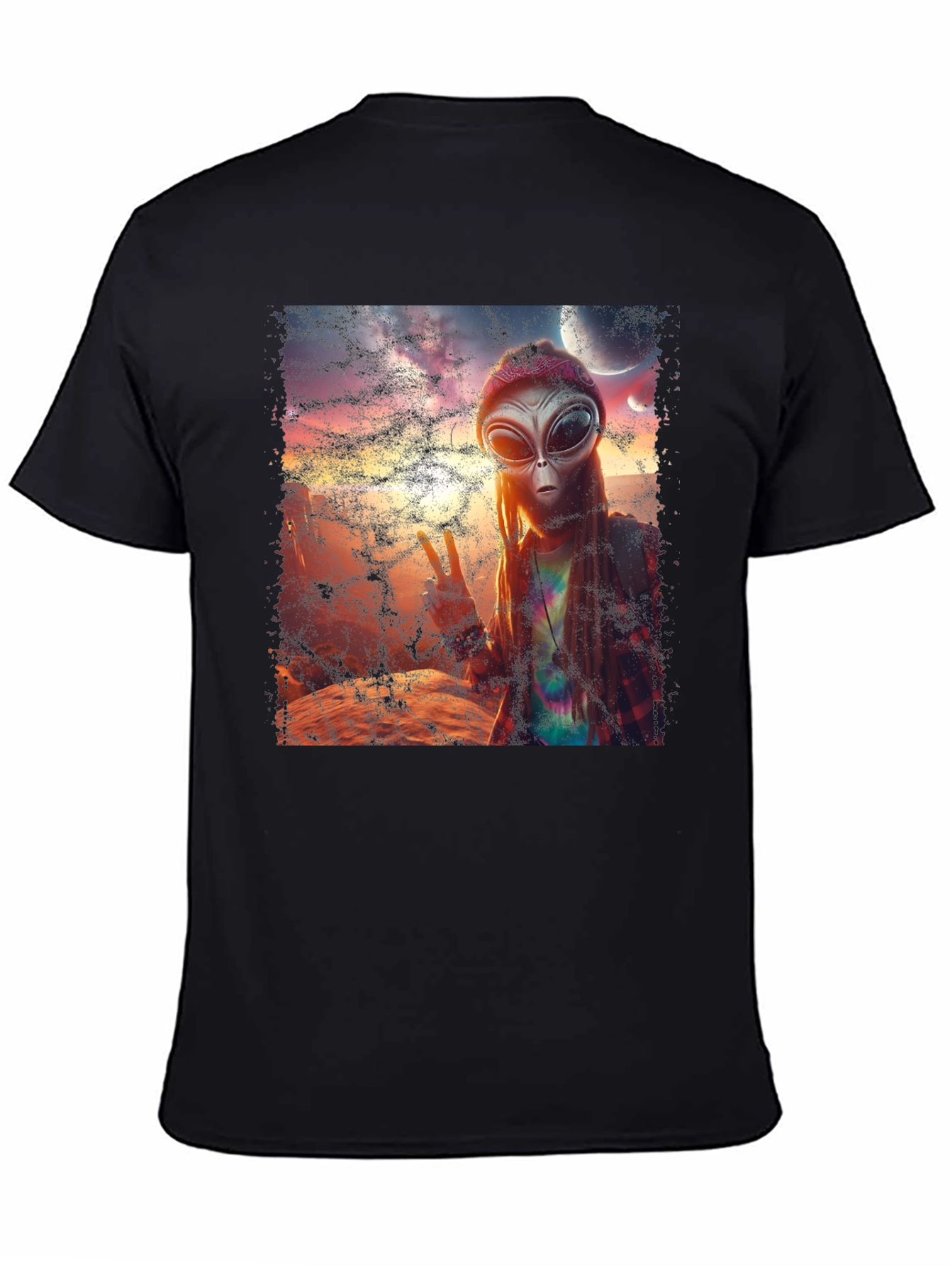 Black Alien Peace T-Shirt - Black Crew Neck Tee view 4