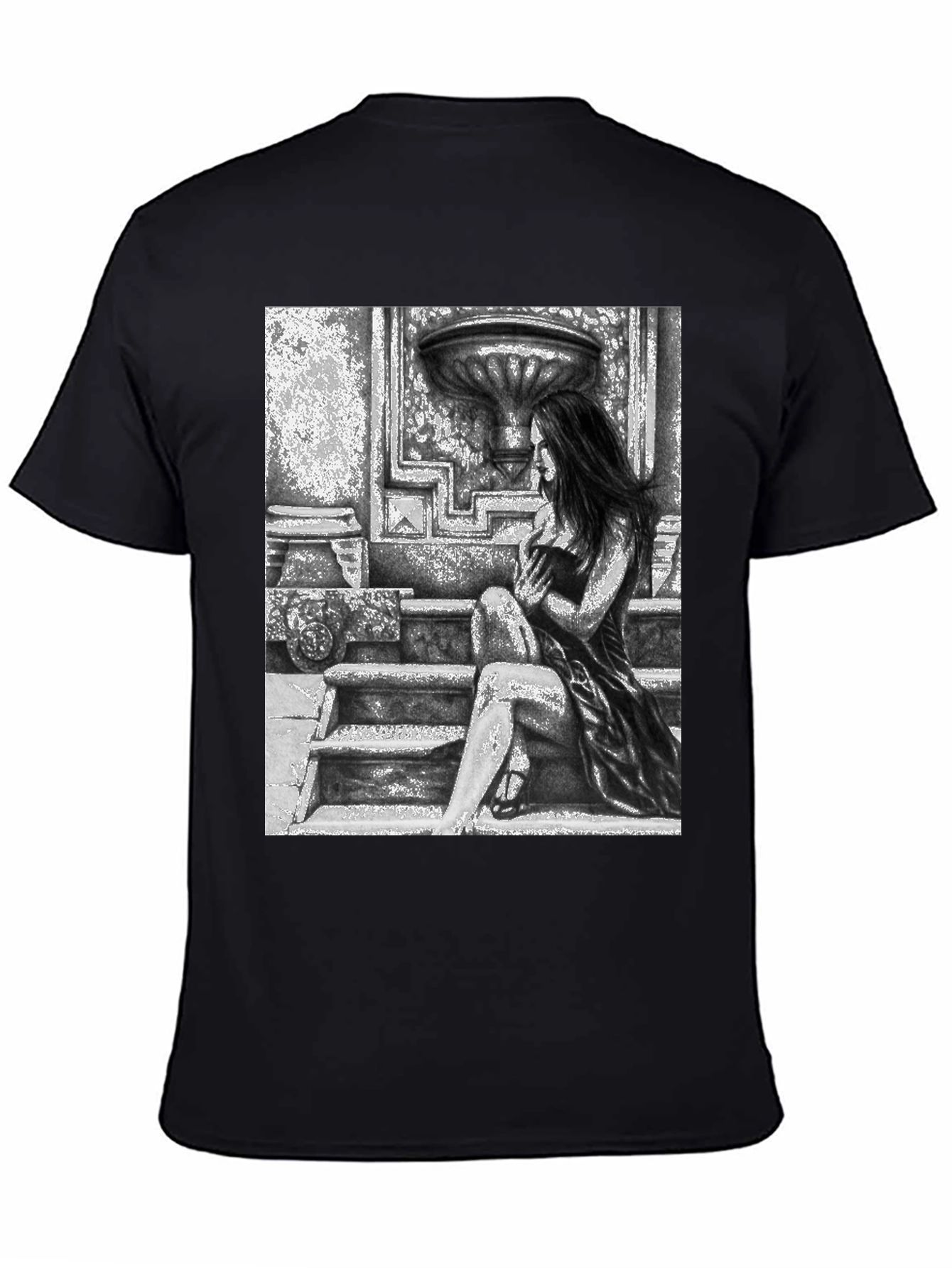 Black Gothic Beauty Tee - Woman on Steps Graphic T-Shirt view 4